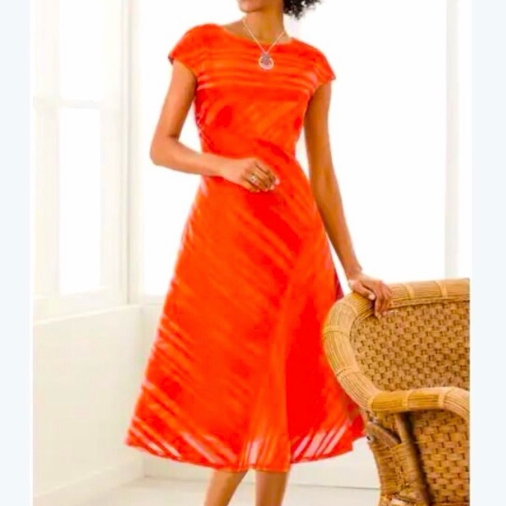 NWOT ASHRO Orange Dress, ribbon & sheer piecing; size 8, flattering stunner!